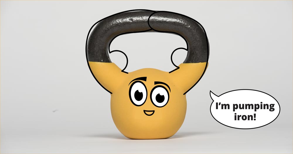 A yellow kettlebell with a cartoon face says: I'm pumping iron!